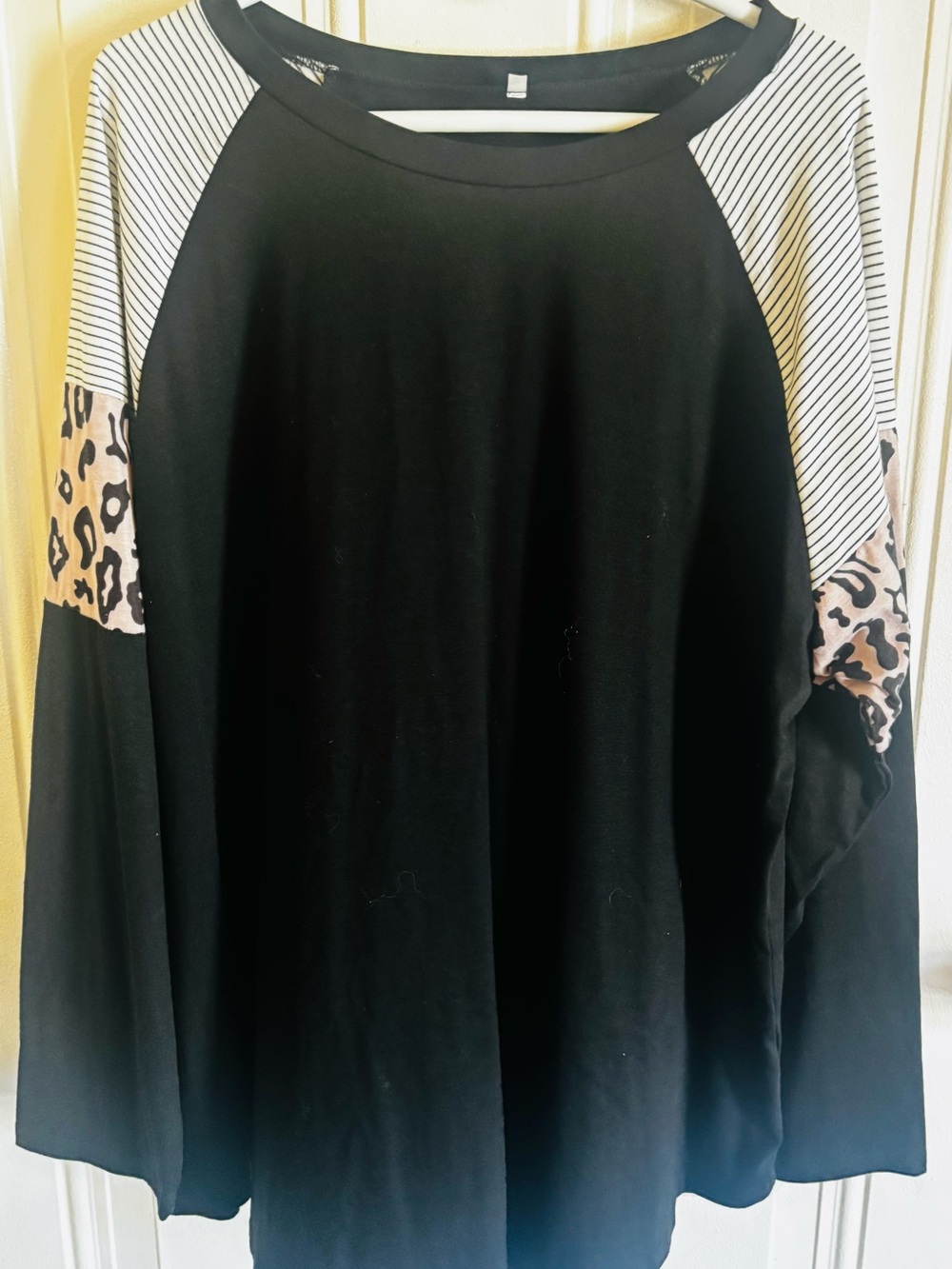 Black Long-Sleeve Raglan Top with Leopard & Striped Sleeve Accents